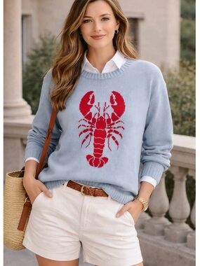 Mighty Fine Light Blue Crewneck Sweater with Red Lobster Motif